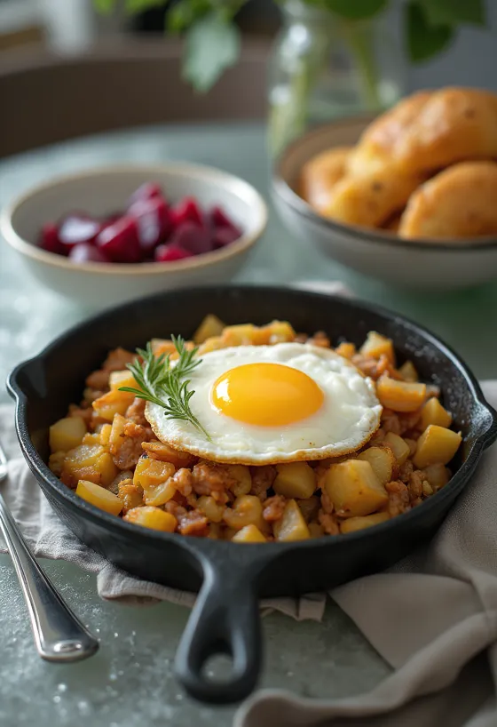 Pyttipanna glutenfri variant serverad med kalkonfärs och rostade brödbitar