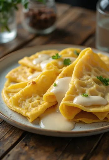 Roti Jala med sötad kondenserad mjölk, serverad med rik, söt deg och kondenserad mjölk