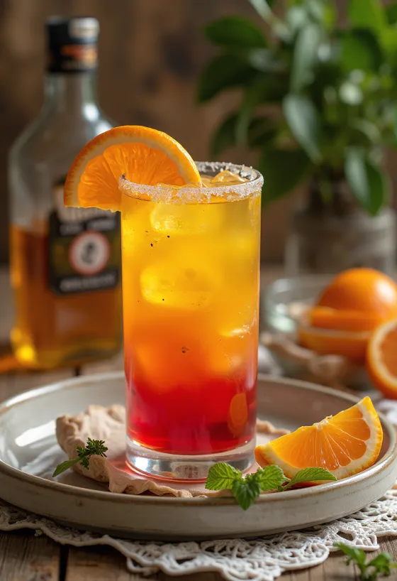 Tequila Sunrise cocktail dekorerad med apelsinskiva och körsbär