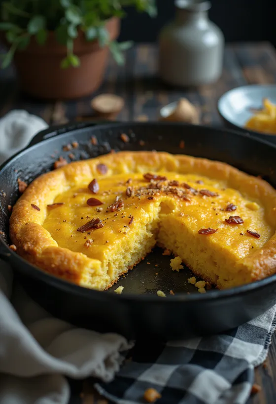 Kryddigt cornbread i skivor, rustik servering, gyllenbrunt gräddat