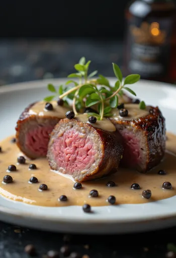 Emufilé med pepparsås serverad med grönsaker.