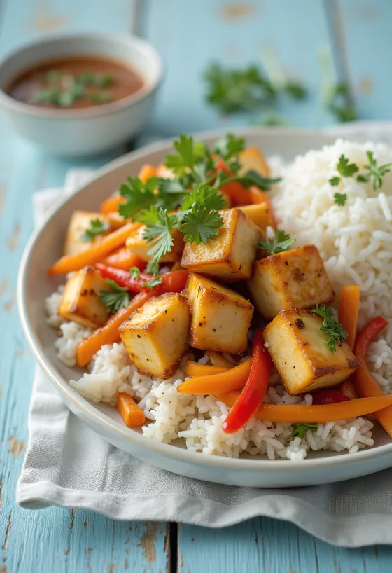 Wokad tofu med grönsaker och ris serverad