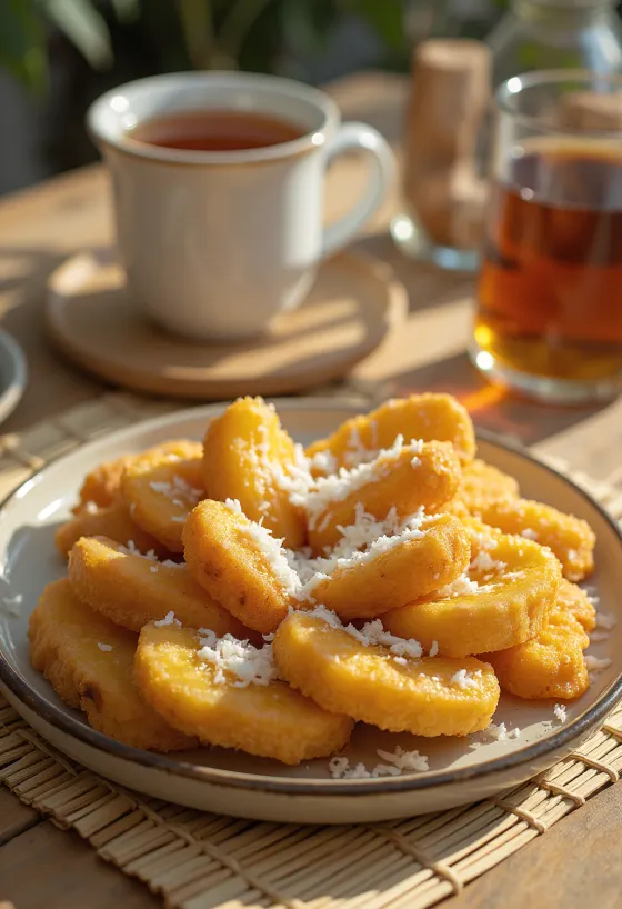 Pisang Goreng serverad med kokosflingor, krispiga, gyllenbruna bananbitar