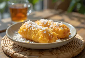 Pisang Goreng serverad med kokosflingor, krispiga, gyllenbruna bananbitar