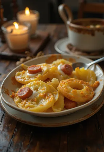 Potatisgratäng med lager av korv och ägg, med gräddfil på toppen.