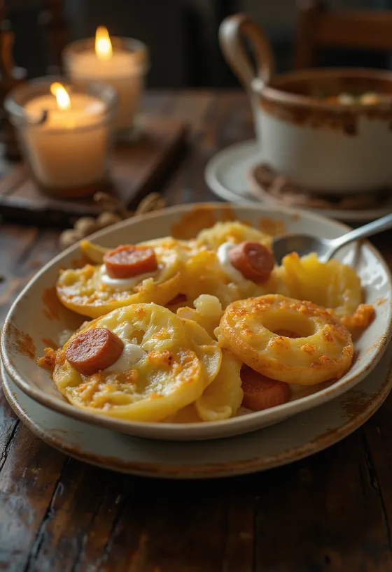 Potatisgratäng med lager av korv och ägg, med gräddfil på toppen.