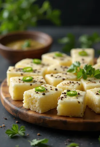 Rava Dhokla en skål med ångad rätt garnerad med kryddig sås och koriander