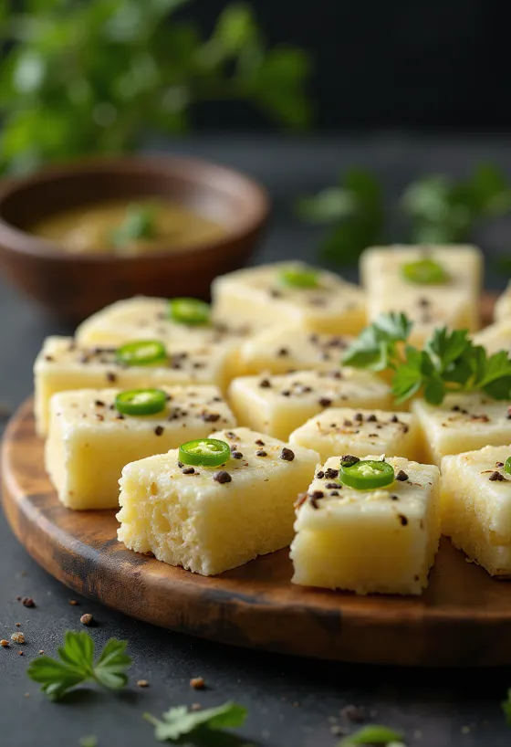 Rava Dhokla en skål med ångad rätt garnerad med kryddig sås och koriander