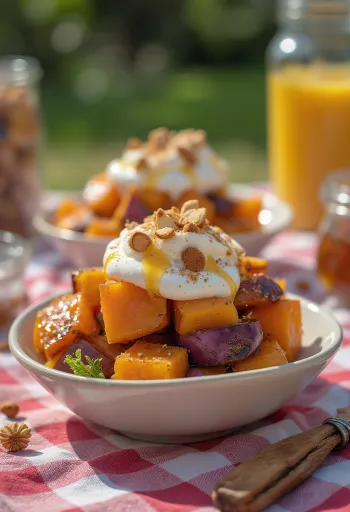 Satsumaimo med yoghurt, dekorerad med färsk mynta och mandelspån