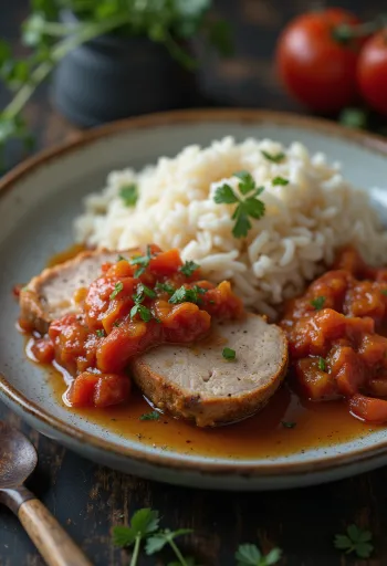 Fläskkarré med lecsó och ångat ris serverad