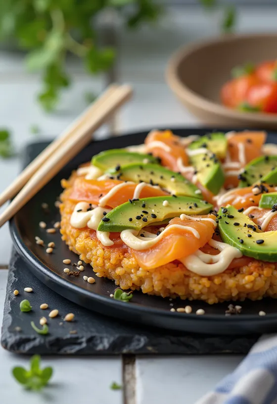 Sushi pizza med japansk risbotten, lax och avokado