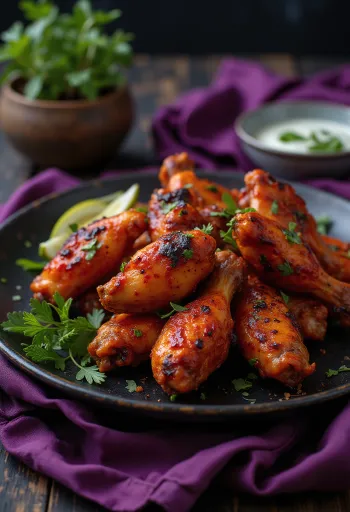 Tandoori-kycklingvingar täckta med kryddig, rödaktig glasyr, stekta, serverade