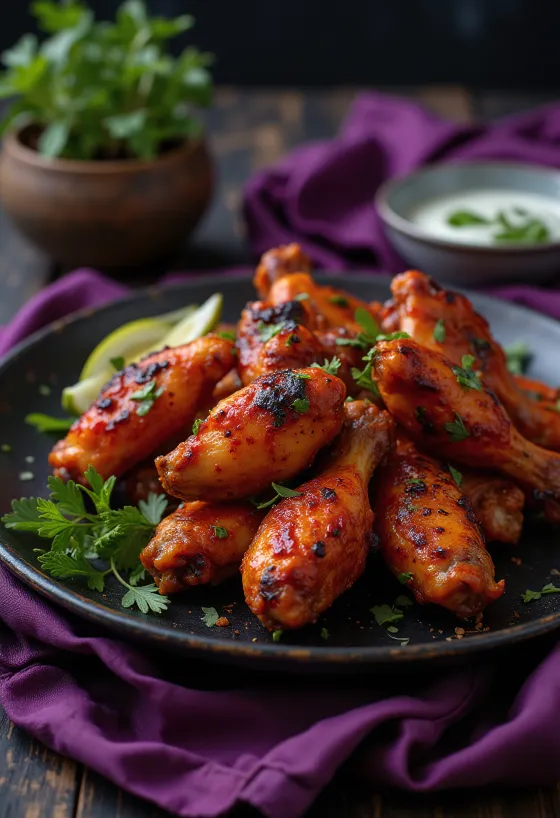 Tandoori-kycklingvingar täckta med kryddig, rödaktig glasyr, stekta, serverade