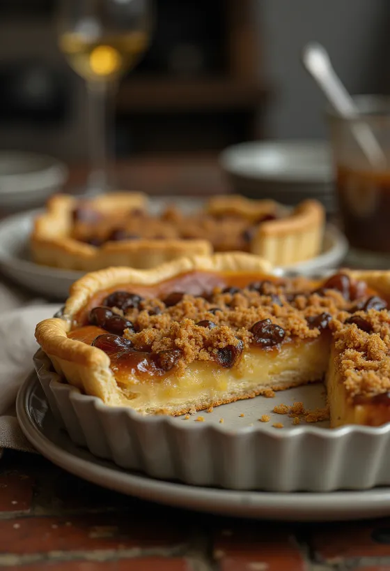 Treacle tart med russin, gyllenbrunt gräddad, skivad