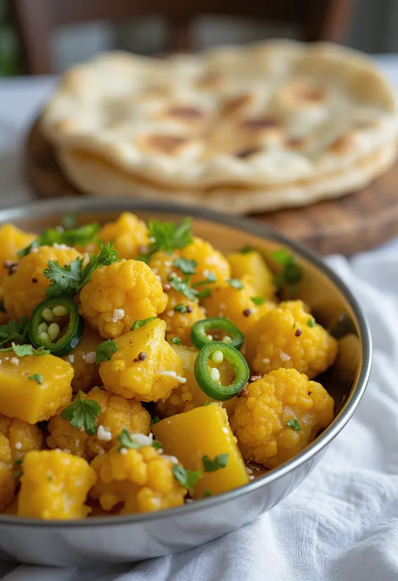 Aloo gobi med chili, serverad med färsk koriander