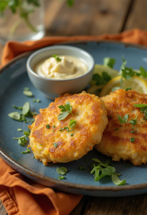 Fiskefrikadeller av fisk, serverade med citron och persilja