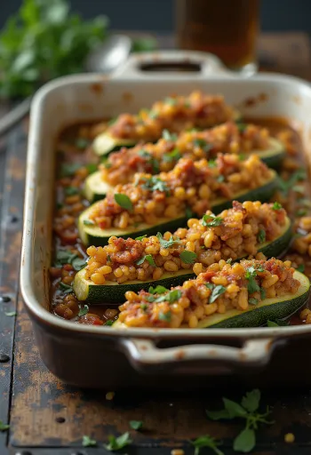 Kryddig fylld zucchini (vegan) serverad