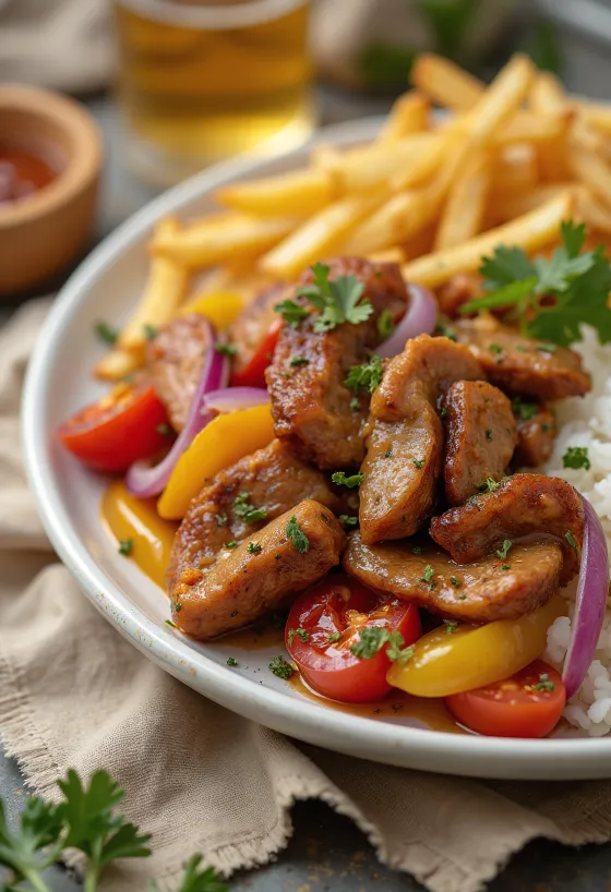Lomo saltado med fläskkött serverad färsk