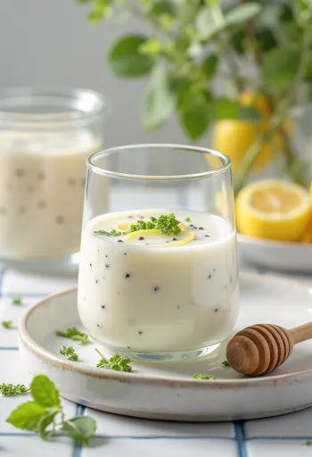 Probiotisk citronmelisskefir i glas, ljusfärgad dryck med uppfriskande utseende
