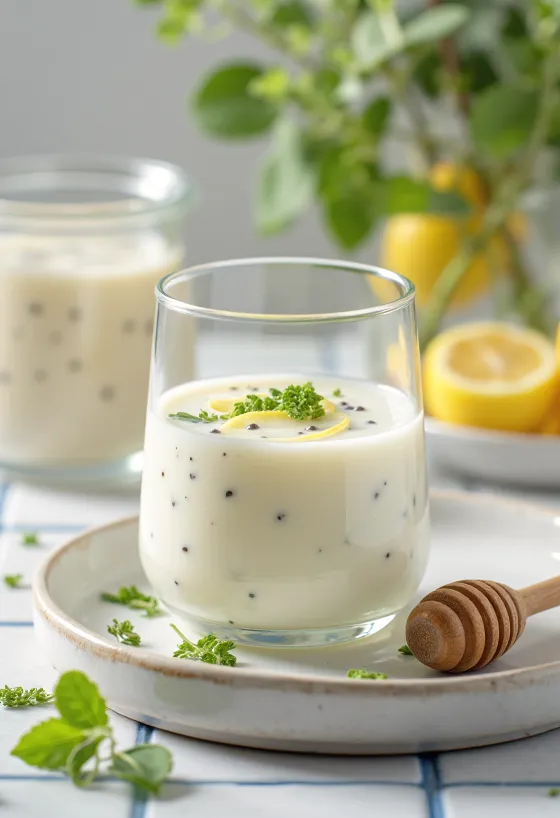 Probiotisk citronmelisskefir i glas, ljusfärgad dryck med uppfriskande utseende