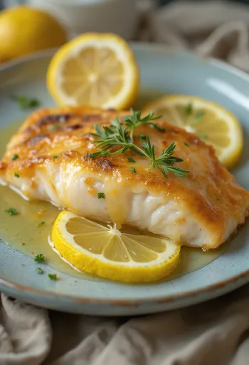 Stekt fisk med citronsås serverad