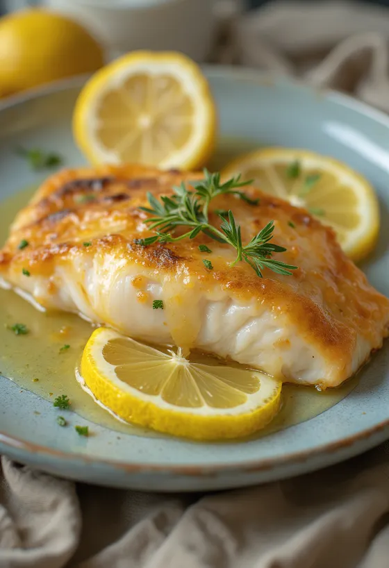 Stekt fisk med citronsås serverad