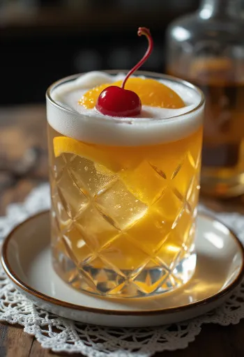 Whisky Sour cocktail dekorerad med apelsinskiva och cocktailbär