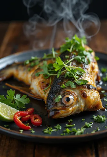Ikan Bakar med makrill, grillad fisk, serverad med sojasås och färsk koriander