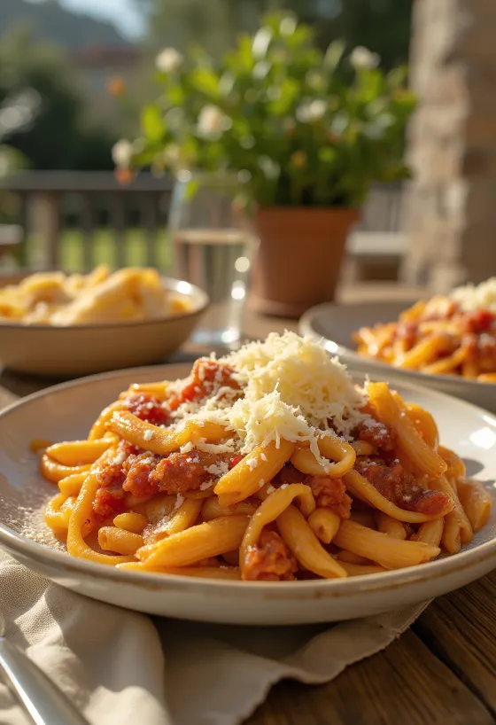 Pasta med aubergine serverad med saftig tomatsås och färsk basilika