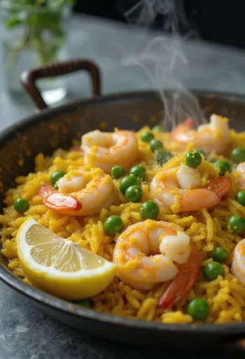 Spansk paella med färska skaldjur, grönsaker och saffran