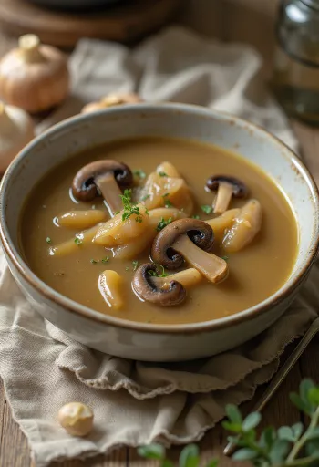 Krämig purjolöks- och svampsoppa serverad, dekorerad med färska svampskivor
