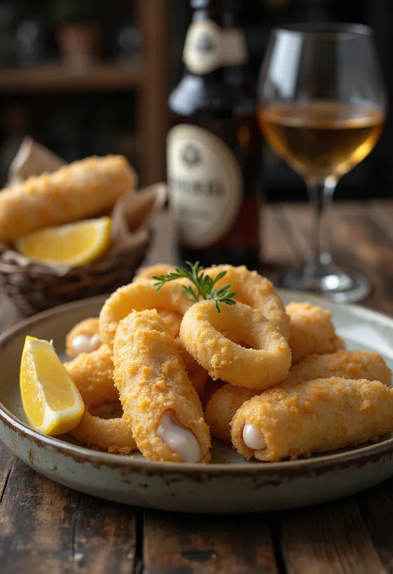 Panerad bläckfisk med fläskfärs, i krispig panering med citron och persilja