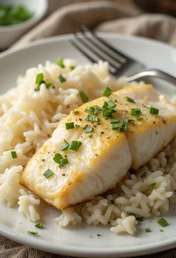 Stekt fisk med kokt ris serverad