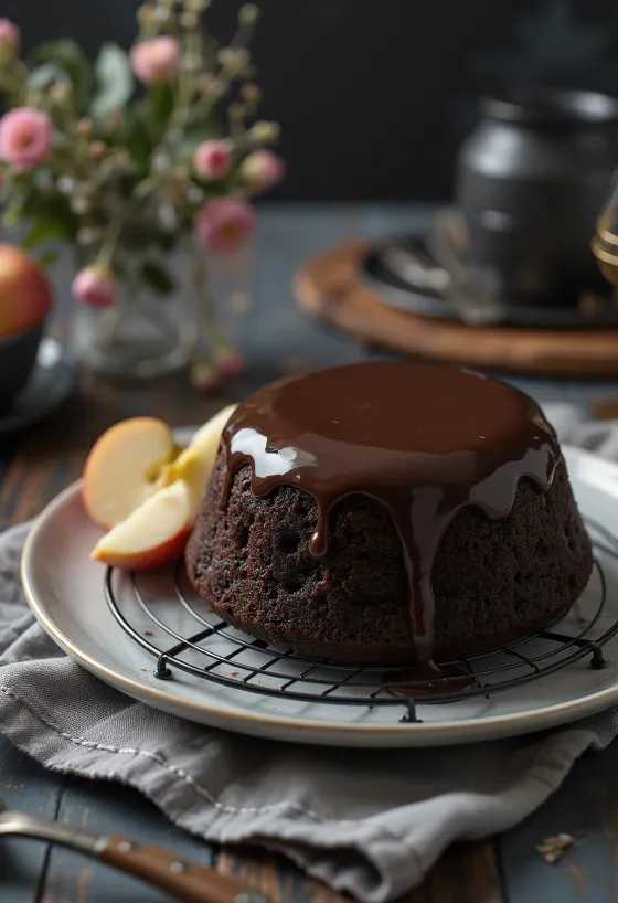 Äppel- och chokladtårta i elegant servering