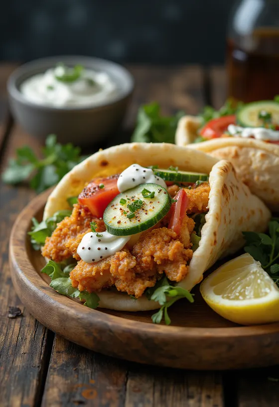 Kycklinggyros serverad med färska grönsaker, tzatziki och pitabröd