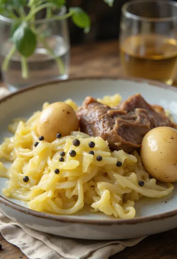 Fårikål med kokt potatis, serverad med rikt lammkött och kål