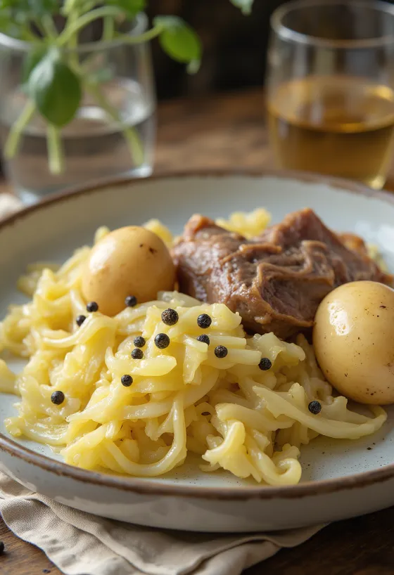 Fårikål med kokt potatis, serverad med rikt lammkött och kål