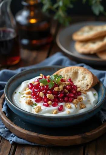 Fatteh med granatäpple, rostade pitabitar, kikärtor, tahiniyoghurt, rostade pinjenötter och granatäpplekärnor.