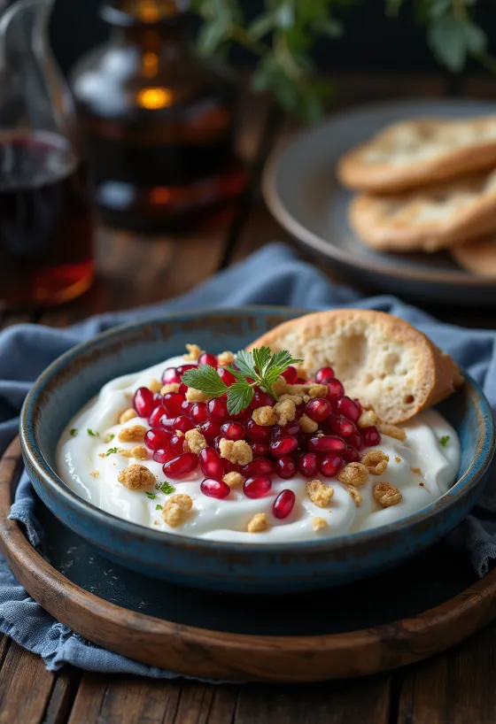 Fatteh med granatäpple, rostade pitabitar, kikärtor, tahiniyoghurt, rostade pinjenötter och granatäpplekärnor.