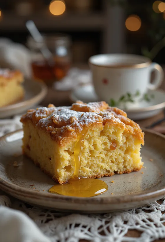 Ingefärskaka med gyllenbrun, mör konsistens, pudrad med florsocker.