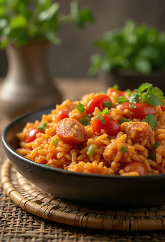 Jambalaya med tomat, kyckling och korv, risrätt