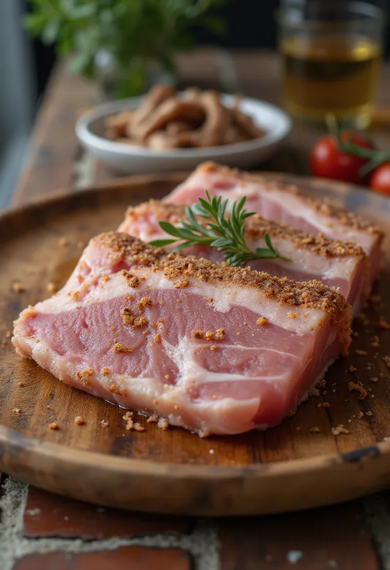 Saltlagrad fläsksida serverad på en träbräda