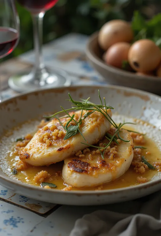 Saltimbocca av kalv, serverad med salvia- och smörsås och parmaskinka på ett elegant fat