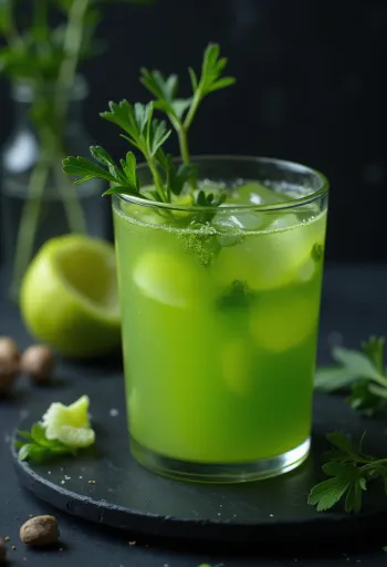 Sellerijuice i högt glas, dekorerad med färska selleristjälkar och frukter