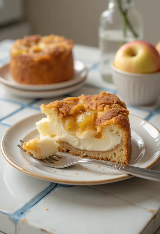 Äppel- och kaneltårta med kvarg dekorerad med äpple och kanel