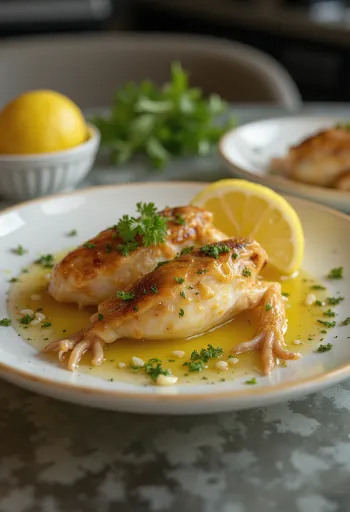 Grodlår i vitlökssmör serverade med färsk persilja och citron.