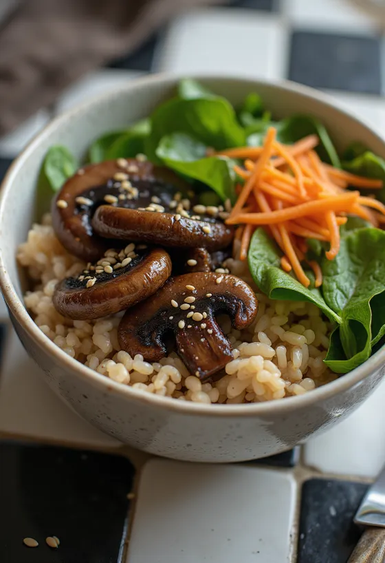Vegansk buddha bowl med svamp serverad