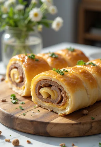 Gyllenbrunt gräddad köttrulle, serverad med färska grönsaker och sås.