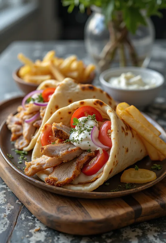 Grekisk pita gyros med fläskkött, tomat, lök, tzatziki och pommes frites serverad