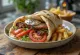Grekisk pita gyros med fläskkött, tomat, lök, tzatziki och pommes frites serverad